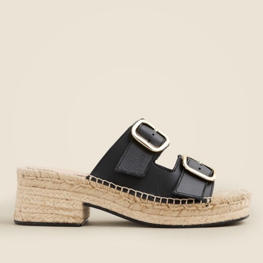 J. Crew | black leather double buckle espadrille slide platform sandal